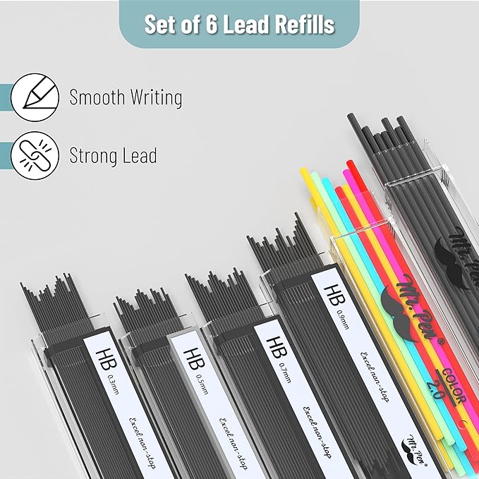 Mr. Pen- Professional Metal Mechanical Pencil Set with Lead Refills & Erasers, 5 Pack, 5 Sizes, 0.3, 0.5, 0.7, 0.9 & 2mm, 6x Tubes HB, 2B & Colored Lead Refills for School Supplies, Drawing, Sketching