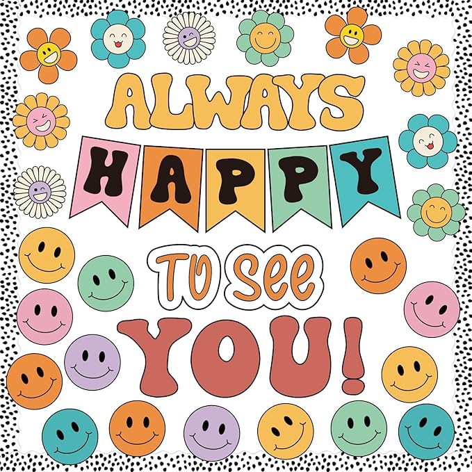 VABAMNA 63 Pcs Groovy Bulletin Board Decorations Set Retro Happy Face Classroom Decor with Black Dots Border Trims for Back to School Classroom Wall Door Decor