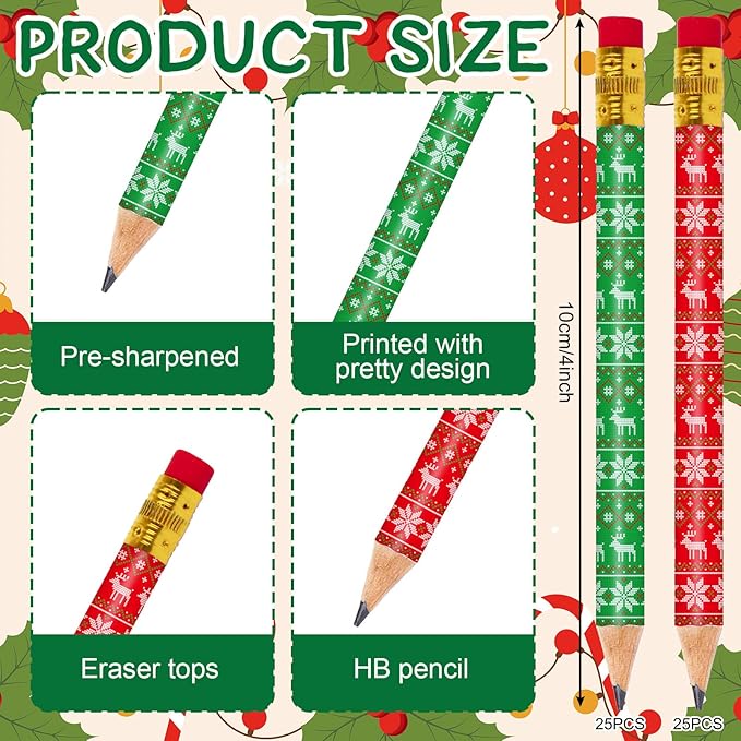 JarThenaAMCS 50 Pcs Christmas Short Pencil with Eraser 4 In Red Green Ugly Sweater Themed Writing Pencil Wood Xmas Winter Half Pencils for Classroom Office Stationery Gift