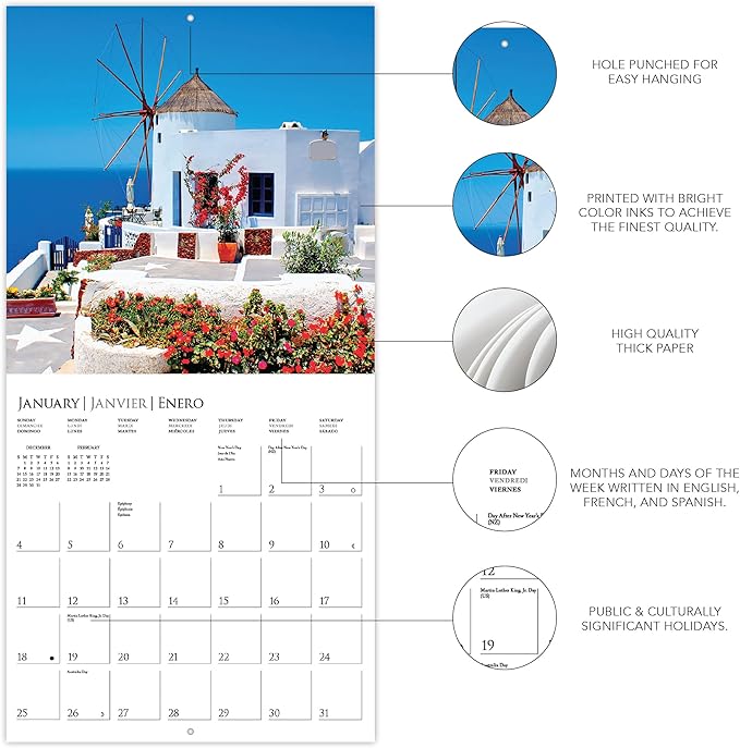 Graphique 2026 Greek Isles Wall Calendar | 12” x 12” | Thick Paper | Home & Office Organizer | Large Monthly Grid | 3 Languages & Marked Holidays | 4 Month Preview Page for 2027