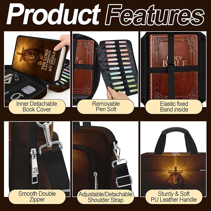 Lion Cross Bible Cover Case for Mens, Large Bible Carrying Book Case Church Bag with Strap & Handle Zipper Pocket, Bible Study Supplies Journaling Kit, Highlighters Tabs Pens Cross Clips