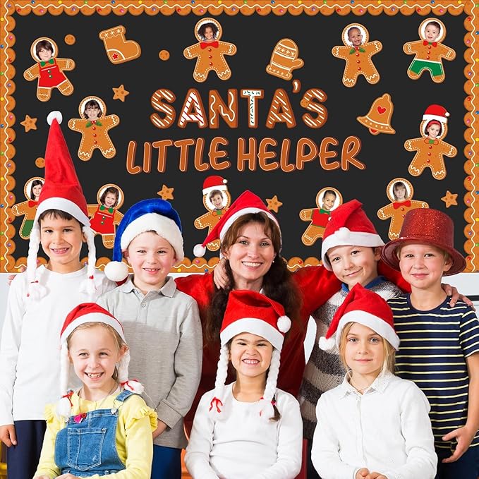 QOUBAI Christmas Bulletin Board Decoration Xmas Gingerbread Man Paper Cutouts DIY Photo Crafts Christmas Stocking Bulletin Board Set for Winter Holiday Classroom Wall Door Decor Home School Supplies