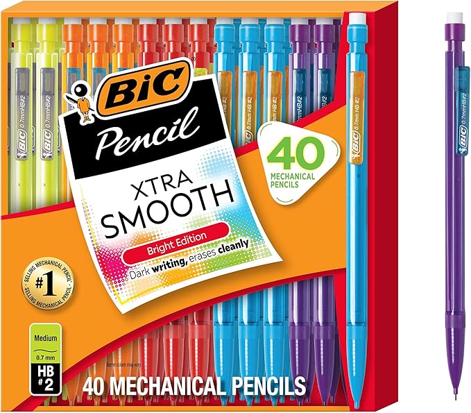 BIC Xtra Smooth Bright Edition Mechanical Pencils, 0.7 mm Medium Point, Refillable and Retractable, 40-Count