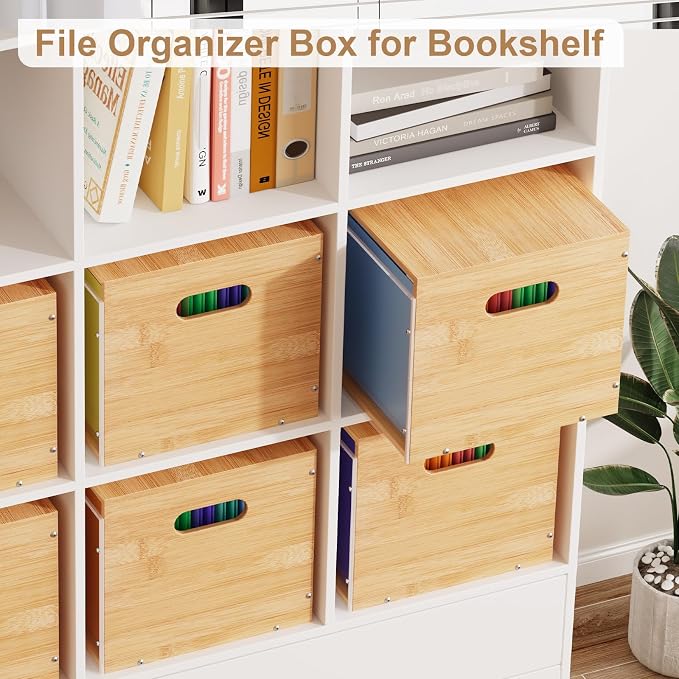 Sbanmao Acrylic File Organizer with Lid, Bamboo File Box with Handle, Hanging File Folder Organizer, Portable Filing Organizer File Crate Storage Box for Home Office Classroom, Letter Size