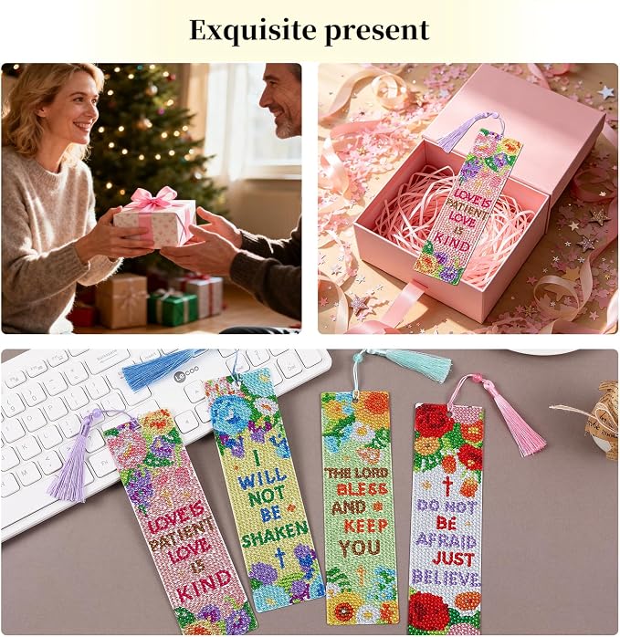 4 Pcs Flower Diamond Painting Bookmark for Books, Journals, Planners｜DIY Diamond Art Kits for Reading Women & Men｜Beautiful Book Marks Gifts for Book Lovers｜Reading Accessories for Adults & Kids