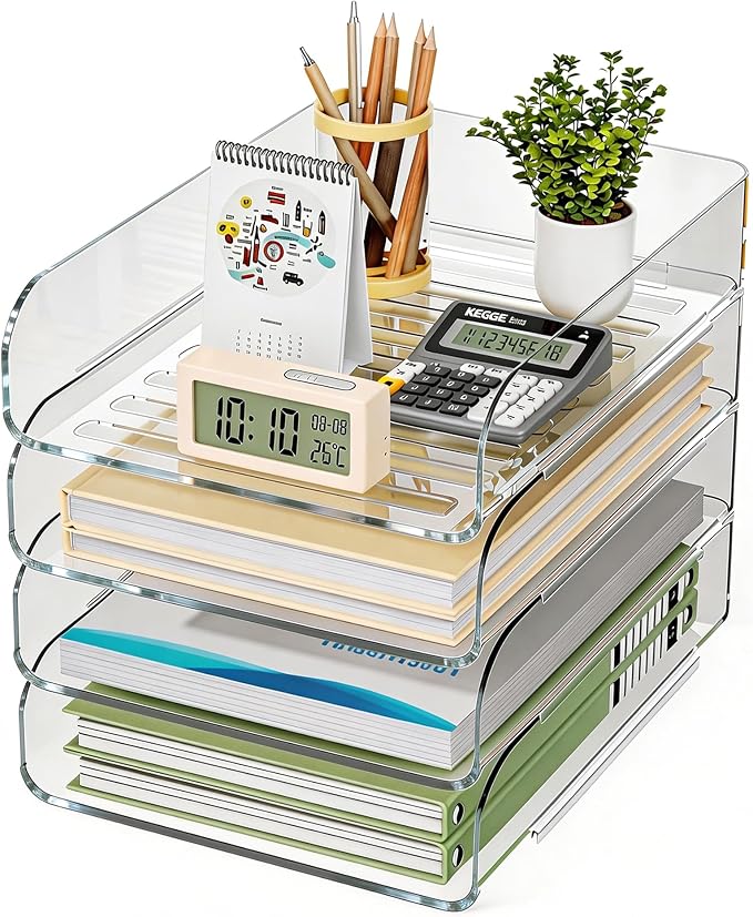HIYOHIYO Clear Office Desk Organization for A4 Letter Paper, 4-Tier | Vertical Style, Stackable, Large Capacity, Sturdy Office Organizer for File Folder, Stable Home Desktop Holder and Storage