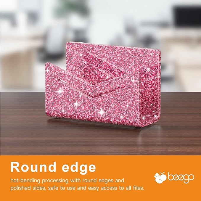 Beego Envelope and Mail Organizer Countertop - Glitter Pink Acrylic Desk Organizer Letter Holder Desktop File Sorter Bill Document Folder Rack for Office, Home, School Desk Organization