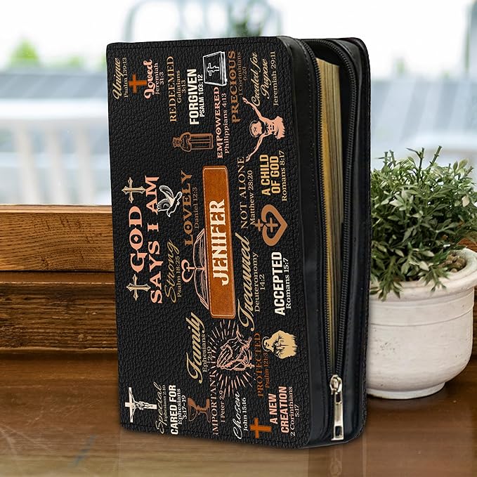 Personalized Man of God Bible Cover, God Says I Am Bible Case PU Leather, Bible Holder Handle Zipper, Faith Scripture with Name Case Bag, Religious Gifts for Church Christians Women Men (GOD-12)