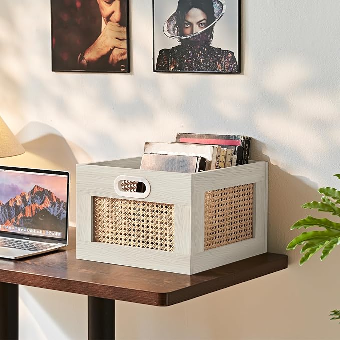 LELELINKY 2 Pack Vinyl Record Storage Crates, Rattan Vinyl Record Holder with Handle, Wood Record Crate for Vinyls Holder up to 75 LP's, Desktop Cube Album Storage for Vinyls Records(Grey White)
