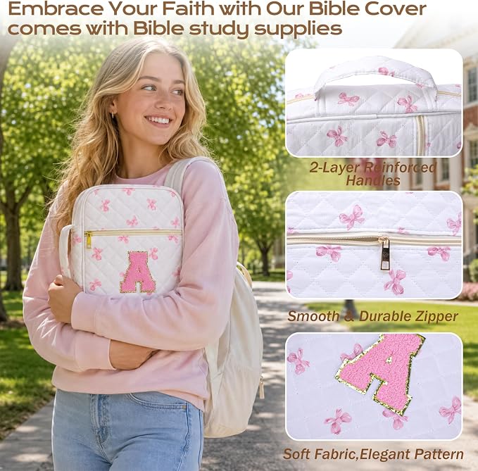 XKDOUS Bible Cover for Women Quilted Bible Bag Church Book Carrying Case with Letter A, Handle, Study Supplies Organizer Portable Church Book Carrier Christian Gifts for Mom, Lady