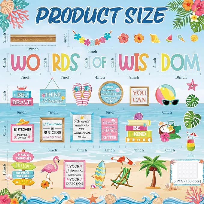 Mooliwe 57 Pcs Summer Bulletin Board Set Tropical Hawaii Inspirational Classroom Decoration Plant Surfboard Cutout for School Office Chalkboard Door Wall Decor