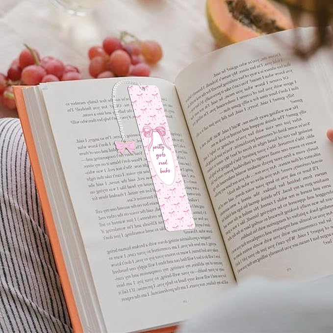 Pink Bow Metal Bookmark Gifts, Cute Metal Bookmark with Charm, Pretty Girls Read Books Gift for Women Girls, Bookish Accessaries for Reading Book Lovers Birthday Christmas School Office Supplies