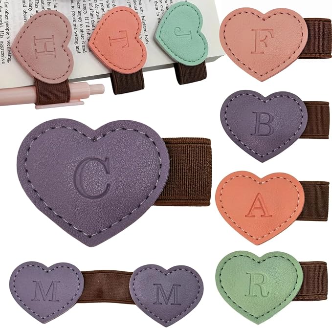 Personalized Magnetic Leather Heart Bookmark with Pen Holder - 26 Letters Custom Book Mark Notebook Pencil Loop with Initial Book Marker for Readers, Book Lovers- Gifts for Women Men(Purple,C)