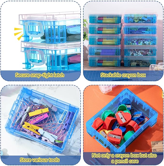 Suzile 40 Pcs Plastic Crayon Boxes Holds 24 Crayon with Snap Lid Storage Container Clear Stackable Case for School Office Classroom Supplies Pen Pencil Craft(Blue)