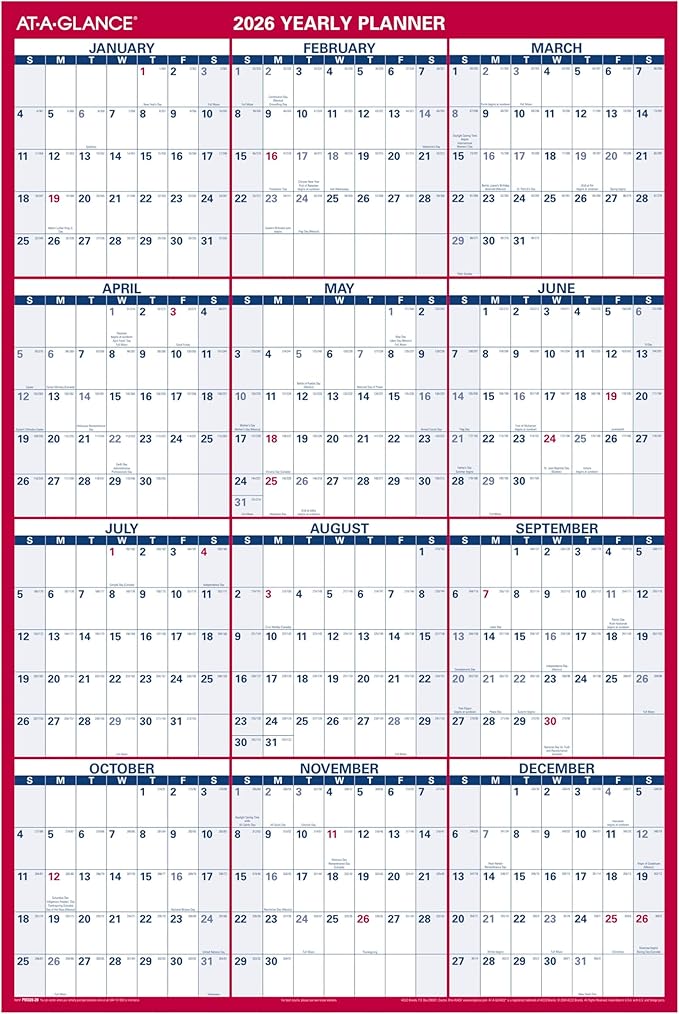 AT-A-GLANCE 2026 Erasable Calendar, Dry Erase Wall Planner, 48" x 32", Extra Large, Vertical-Horizontal, Reversible (PM3262826)