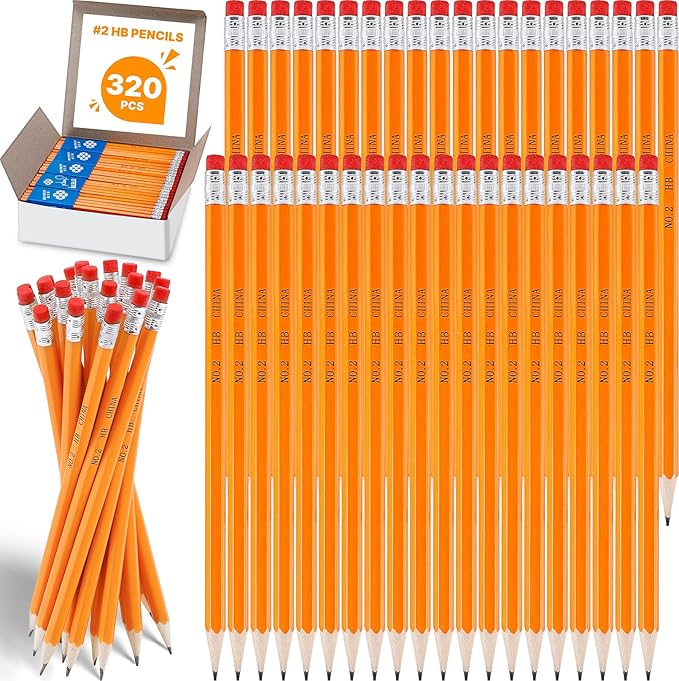 320 Pack #2 HB Pencils Bulk, Yellow Pencils with Erasers, Pre-sharpened Graphite Pencil, No.2 Wood Pencils Bulk for Writing Drawing Sketching Office Supplies