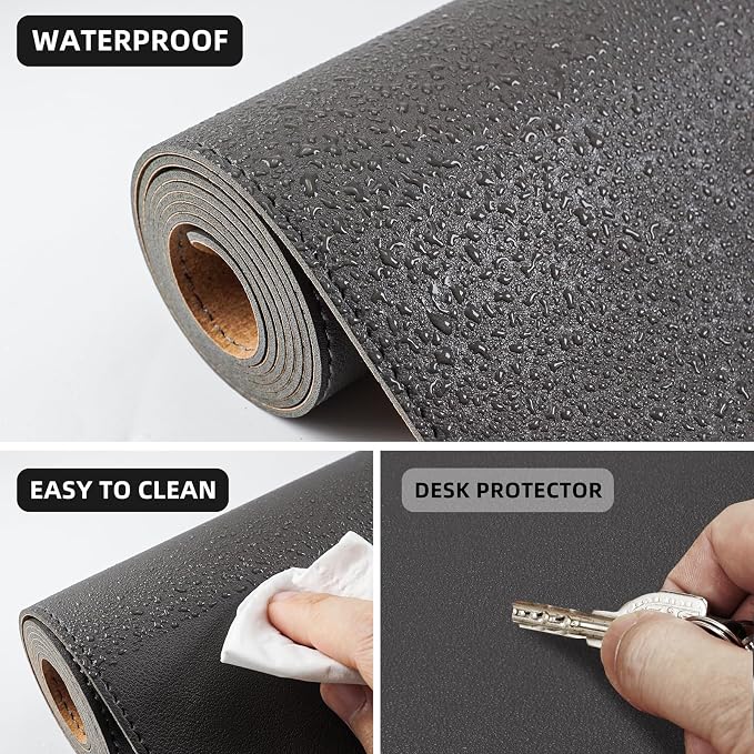 AFIING Leather Desk Pad Protector, 47" x 17" Large Desk Mat with Natural Cork & PU Leather, Mouse Pad, Non-Slip, Waterproof Desk Writing Pad for Office and Home (Dark Grey)