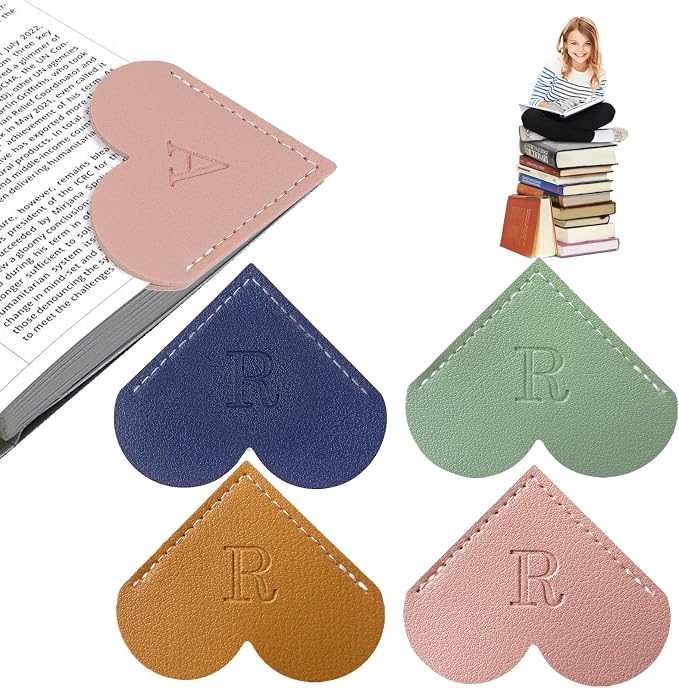 4Pcs Personalized Leather Heart Bookmark With Initial, 26 Letters Custom Corner Page Book Mark For Reading Women, Book Lovers, Teachers, Students, Cute Book Accessories(Blue+Green+Light Brown+Pink, R)