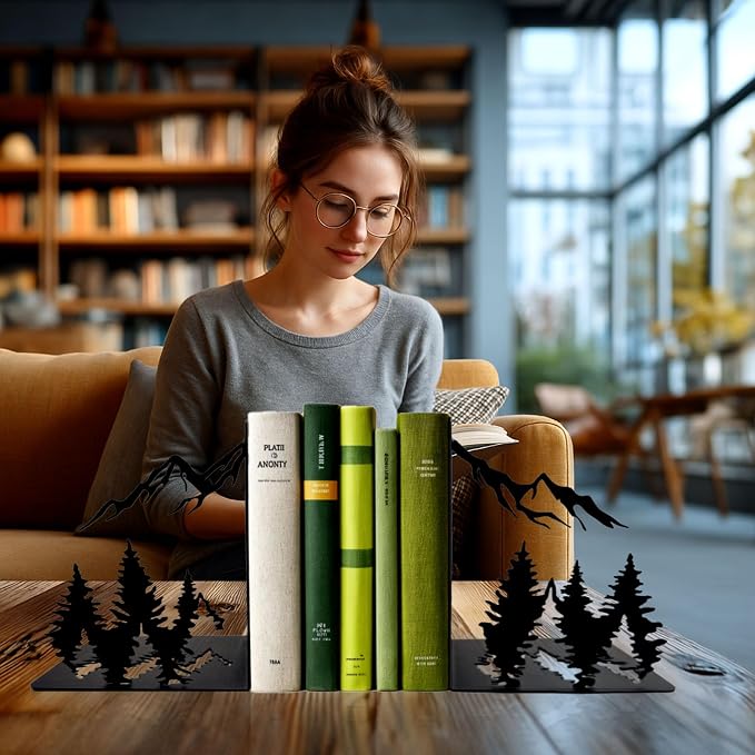 Matte Black Decorative Metal Mountain Bookends, Modern Aesthetic Decor for Home Office, Library or Studio Shelves, Unique Gift for Book Lovers