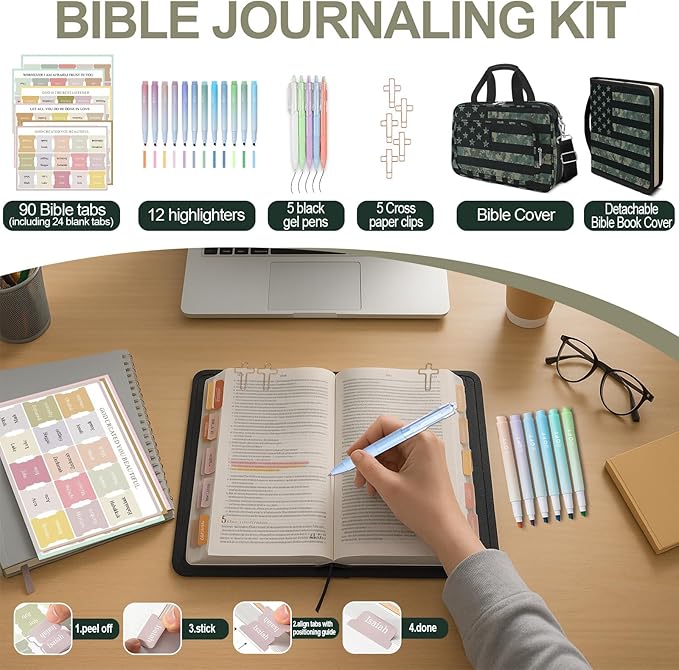 American Flag Caom Bible Cover Case for Men Boys, Large Kids Tactical Bible Carrying Book Case Church Bag, Bible Study Supplies Journaling Kit, Highlighters,Pens Cross Clips, Christian Gifts