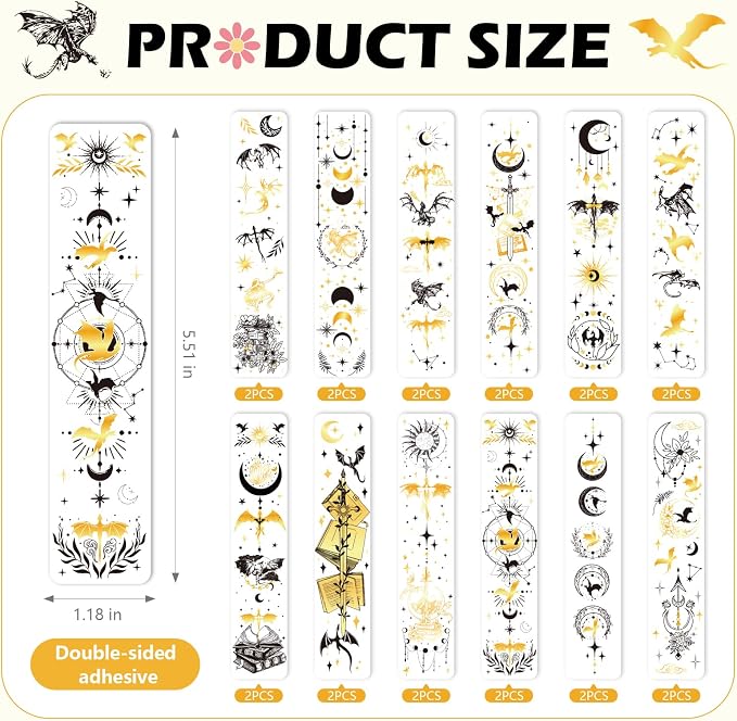 AFRITEE UV DTF Bookmarks Wraps - 24 Sheets Black Gold Flying Dragon UV DTF Stickers for Blank Bookmark Decoration, Dream Catcher Sun and Moon Waterproof Transfer Sticker Decal DIY Bookmark Craft Decor