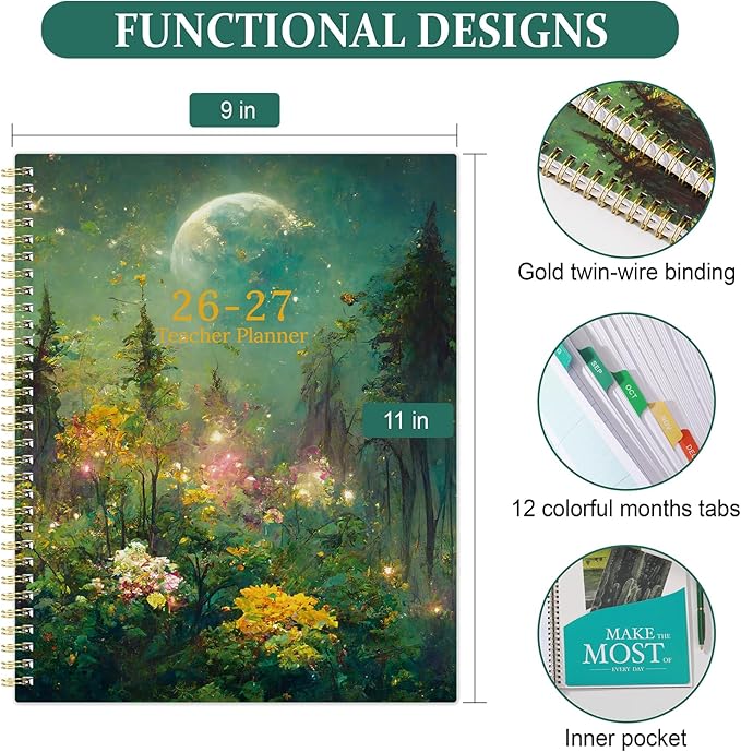 Teacher Planner 2026-2027 - Teacher Lesson Planner 2026-2027, Jul.2026 - Jun.2027, 9" x 11", Academic Planners Weekly and Monthly, Lesson Plan Book for Teachers with pocket, Tabs - Dreaming Moon