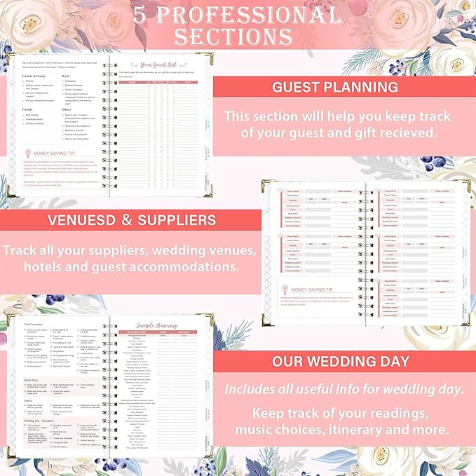 Wedding Planner - Wedding Planner Book and Organizer for The Bride with 5 Tabbed Sections, 6.5" x 8.75", Hardcover with Metal Corner + 5 Inner Pocket + Notes Pages - Purple