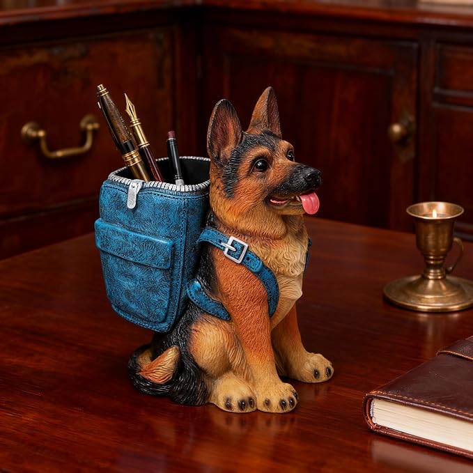 German Shepherd Pen Holder, Office Desk Organizer, Pencil Holder with Backpack, Decorative Resin Dog Statue, Pen Storage for Office, School, Home, Ideal Gift for Dog Lovers (A)