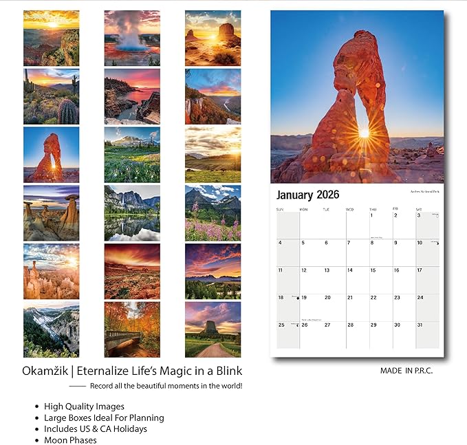 Wall Calendar 2025-2026 Planner Calendar - America National Park Hangable Monthly Wall Calendar with Large Blocks for Organizing & Planning, Academic Schedule, Home, Office & family, Thick & Sturdy Paper (12"x24" Open)