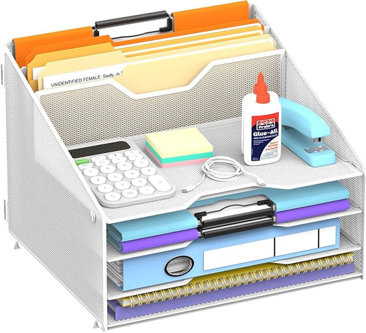Desk File Organizer, Paper Organizer with 4 Letter Trays and 2 Vertical Upright Sections, Desk Organizers and Accessories for Office, School, Home (White)