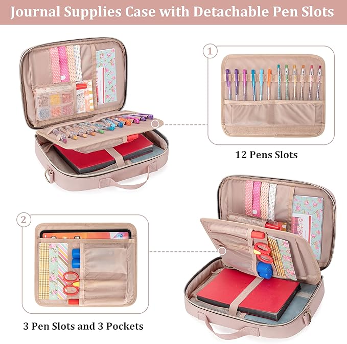 Teamoy Journal Supplies Storage Case, Journal Supplies Holder with Detachable Pen Slots, Travel Organizer Holder for B5 Notebooks, Planner, Pens, Journal Supplies and Accessories, Pink Quilted