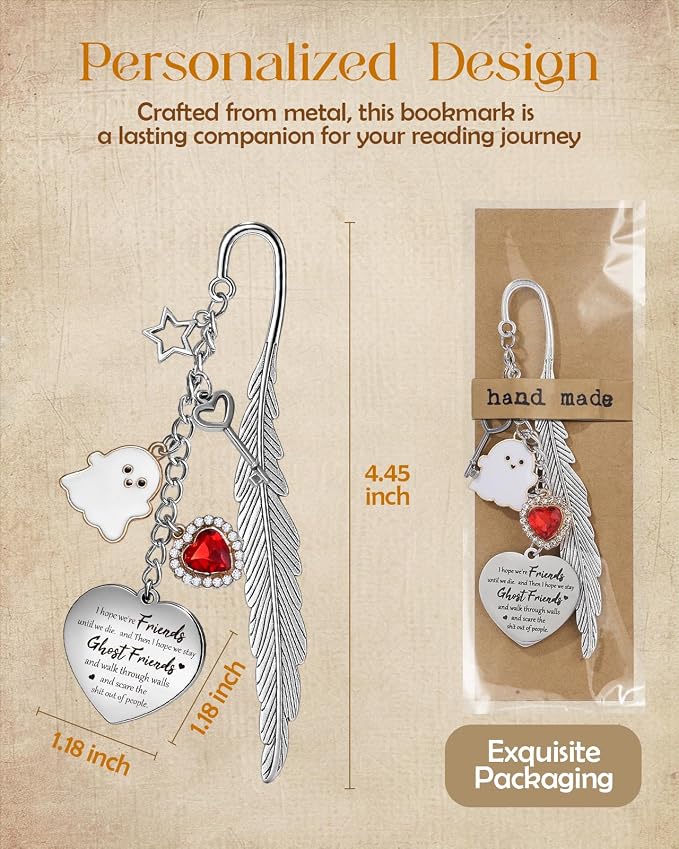 Buleens Bookmarks for Women Reading - Book Marks for Readers Book Lovers, Feather Funny Ghost Personalized Metal Bookmark with Pendants, Pretty and Aesthetic Book Accessories Reading Gifts