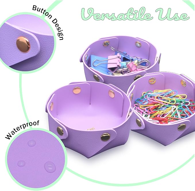 URSUN 3 Pack Cute PU Leather Paper Clip Holder for Desk, Aesthetic Valet Tray for Binder Clips, Hair Accessories, Decorative Small Desk Organizer for Home Office School (Purple)