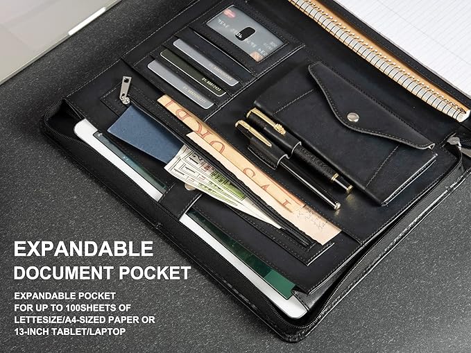 Free Name Engraved, Personalized Vegan Leather Padfolio for Men, Customized Leather Portfolio for Women, Portfolio Folder, Business Document Organizer for 13.3" iPad,Padfolio with A4 Notepad Holder
