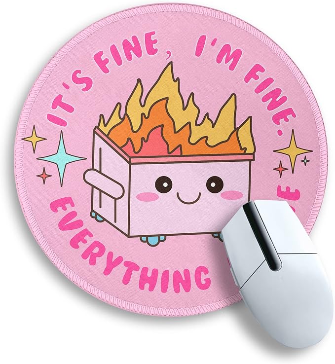 Pink Round Mouse Pad for Desk, Cute Office Decor for Women, Dumpster on Fire Small Mousepad，Stitched Edge Non-Slip Rubber Base, Personalized Computer Mouse Pads for Wireless Mouse，Desk Accessories