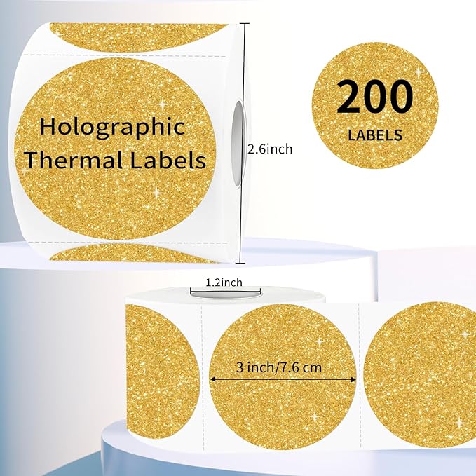 STARLIBOO 3 Inch Holographic Thermal Labels, Circle Direct Labels Stickers, Self-Adhesive Round Printer Labels for DIY Logo Design (Holographic Shiny Gold)