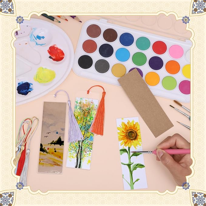 60 Sets Kraft Paper Blank Bookmarks with Tassels, Cardstock DIY Bookmark Making Kit, DIY Projects Party Favor Gift Tag Bulk PVC Tags, 60 Bookmarks 60 Clear Bookmark Sleeves 60 Tassels