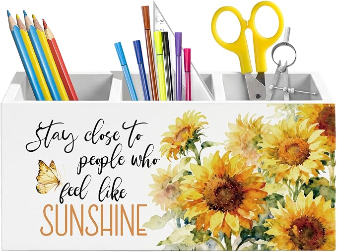 Sunflower Motivational Pen Holder for Desk, Inspirational Gifts for Women, Stay Close to People Who Feel Like Sunshine Wooden Box Pencil Pen Organizer for Home Office Desk Tabletop