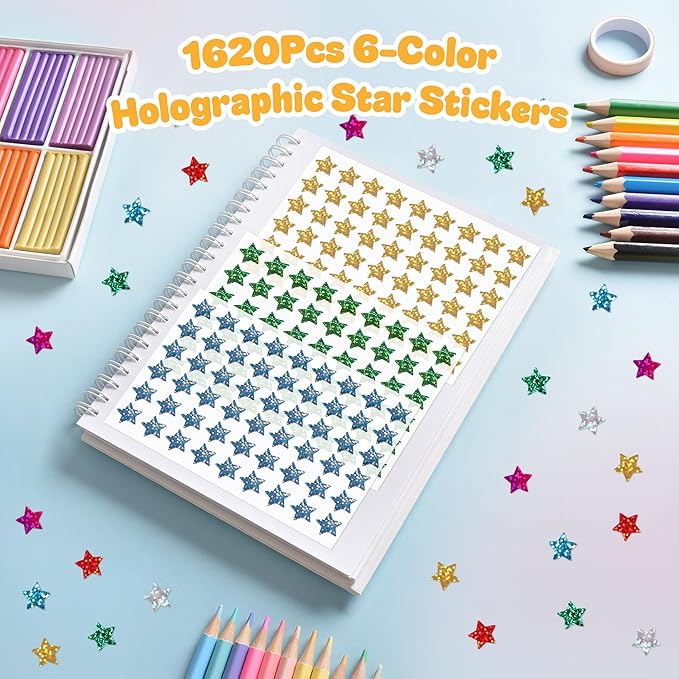 1,620 Holographic Glitter Star Stickers 0.6", 6 Colors Self-Adhesive Mini Stickers for Kids, Classroom, Teacher Supplies, Behavior Charts, Planner, Scrapbooking, Holiday, Party Favors and DIY Crafts