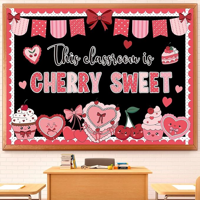Pajean Valentine's Day Heart Bulletin Board Set Romantic Love Classroom Decorations Sweet Day Theme Paper Cutouts for Wall Window Decor School Office Supplies(Cherry Sweet)