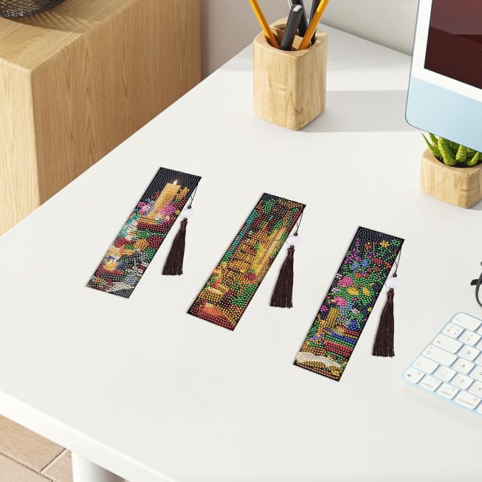 Dark Academia Diamond Art Bookmarks, 8 Pcs Enchanted Library Fantasy Diamond Painting Bookmark Kits for Adults, DIY Crafts Book Marks with Tassels for Reading Women Book Lover Gifts