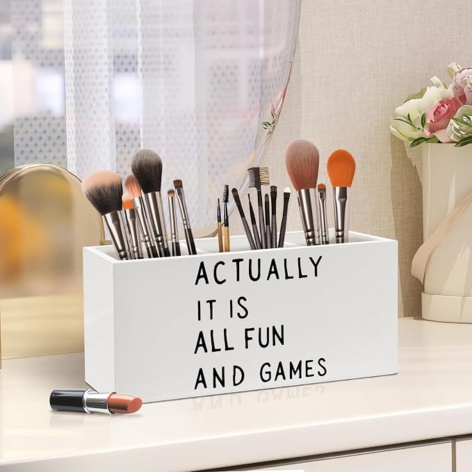 Funny Pen Holder, Actually It Is All Fun and Games Funny Office Pen Pencil Holder Organizer for Desk Accessories, Trendy Minimalist Wooden Box Desk Decor for Home Office Desk Decorations