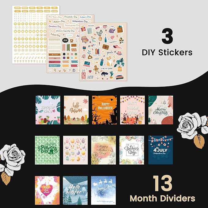 CAGIE 2026 Planner Weekly and Monthly Dec 2025–Dec 2026 Hardcover Planner with Pockets, 13 Month Large Black Flowers Calendar Planner with Stickers Tabs, Spiral Bound Yearly Calendar Planner for Women, 8.3" x 9.3"