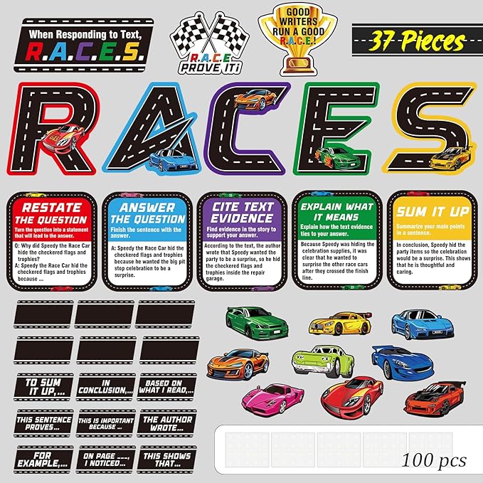 Cinrobiye 37 Pcs Races Writing Process Bulletin Board Decorations Set,Races Reading Strategies Posters with Sentence Beginning Classroom Wall Decor for Elementary Home School Teacher Supplies