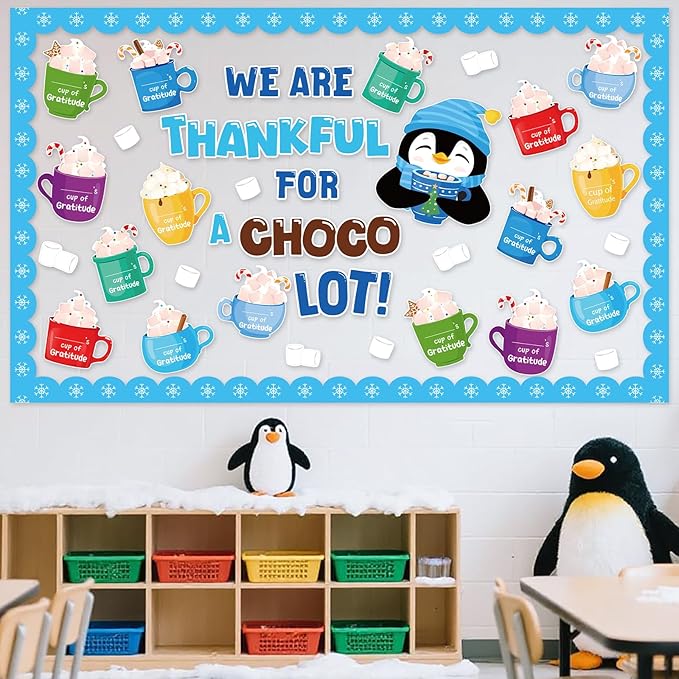 Funrous 51 Pcs Winter Bulletin Board Set Classroom Decor Winter Bulletin Boards We are Thankful for a Chocolate Lot Penguin Latte Paper Cutouts for Christmas Holiday School Classroom Home Wall Decor
