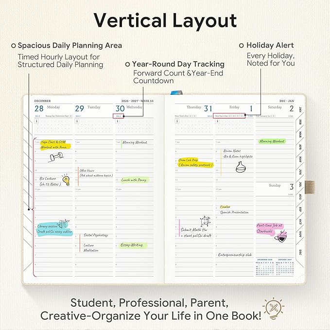 Planner 2026-2027 Weekly & Monthly Planner with Hourly Time Slots, 18 Month Academic Calendar July 2026 – Dec 2027, Vertical Layout, Monthly Tabs, Textured Fabric Hardcover, White