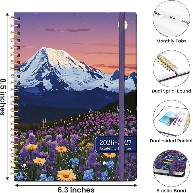 Planner 2026-2027, Monthly and Weekly Academic Planner July 2026 - June 2027, Hardcover Student Teacher Planning Agenda Calendar Book with Tabs, Perfect for Office School Supplies, A5 (6.3" x 8.5") - Moonlit Blooms
