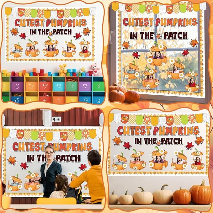 Thanksgiving Pumpkin Bulletin Board Fall Pumpkin Classroom Decorations Autumn Flower DIY Photo Crafts Cutout Pumpkins in The Patch Classroom Decor for Thanksgiving School Office Chalkboard