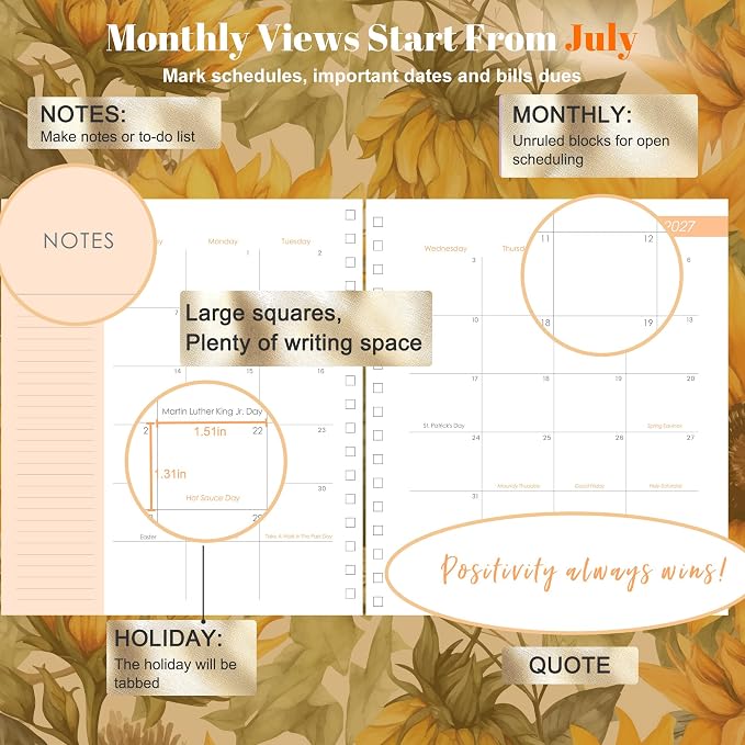 CAGIE 18 Month Planner July 2026 - December 2027, Academic Year Weekly & Monthly Planner with Tabs, 8.3 x 9.3 Floral Hardcover Organizer with 100GSM Thick Paper and Elastic Band for Women School Office
