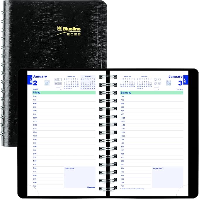 Blueline® 2026 Plan & Link™ Essential Daily Planner, Appointment Book, 12 Months, January to December, 8" x 5", Black (C1504W.81-26)